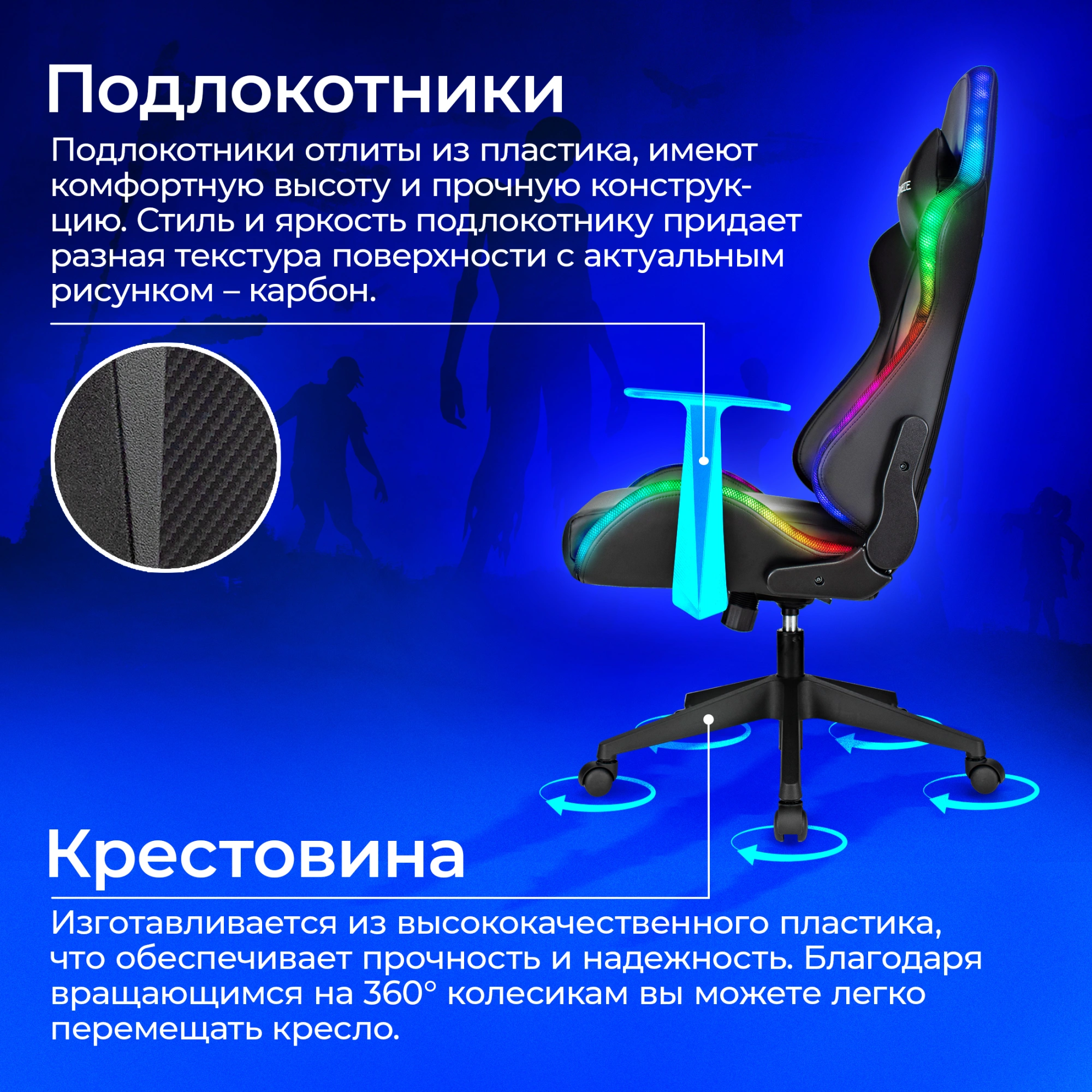 Кресло игровое Zombie GAME RGB, обивка: эко.кожа/ткань, цвет: черный (ZOMBIE GAME RGB) от магазина Buro.store